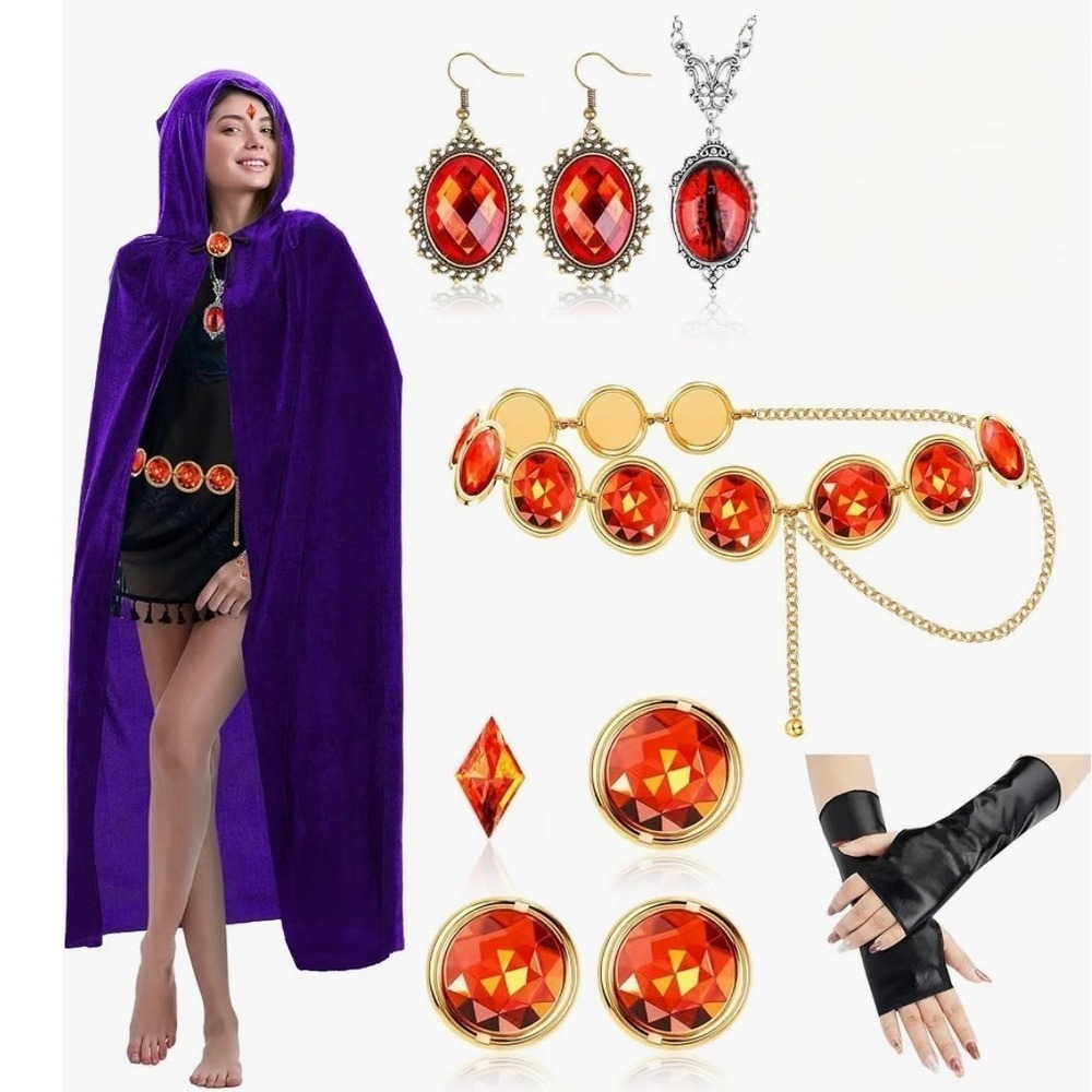 NWT Raven Teen Titans Costume Purple Hooded Cape Cloak Red Stones 6pc O/S